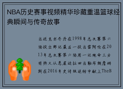 NBA历史赛事视频精华珍藏重温篮球经典瞬间与传奇故事